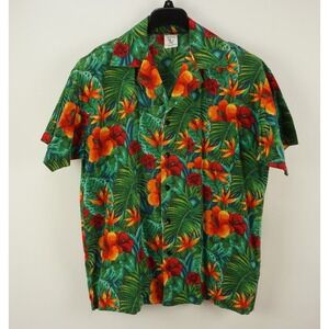 Vintage 80s Birdlegs USA Vibrant Green Orange Hibiscus Hawaiian Shirt Men Medium